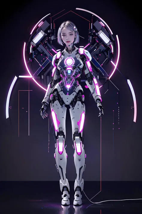 best quality, masterpiece, illustration, masterpiece, realistic, photorealistic, 1girl, solo, full body, skinny, medium breasts, long legs, short hair, (Blank background:1.3), grey background, Mechanical body, cyborg, <lora:dragon ear_20230623155318:0.6>, <lora:Futuristicbotv.2:0.7> <lora:Neno:0.7> neon_lights