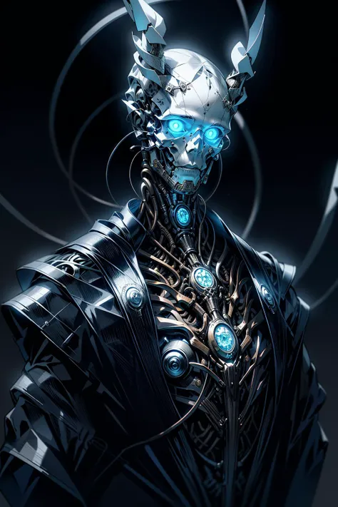 (masterpiece:1.1), (best quality:1.1), (intricate:1.1), (detailed:1.1), (ornate:1.1), (aesthetic:1.1), (vibrant colors:1.2),BREAK,
(science fiction:1.1), (biopunk:1.1), (horror:1.1), (dark:1.1), (blue theme:1.1), (glowing:1.1), (reflections:1.0), (metallic:1.0), BREAK,
(portrait:1.0), (solo:1.1), (upper body:1.0), (1boy:1.0), (cyborg:1.1), (skull face:1.1), (bald:1.0), (horns:1.1), (mechanical limbs:1.1), (wide shoulders:1.0), (strong:1.0), <lora:Futuristicbot4:0.8>