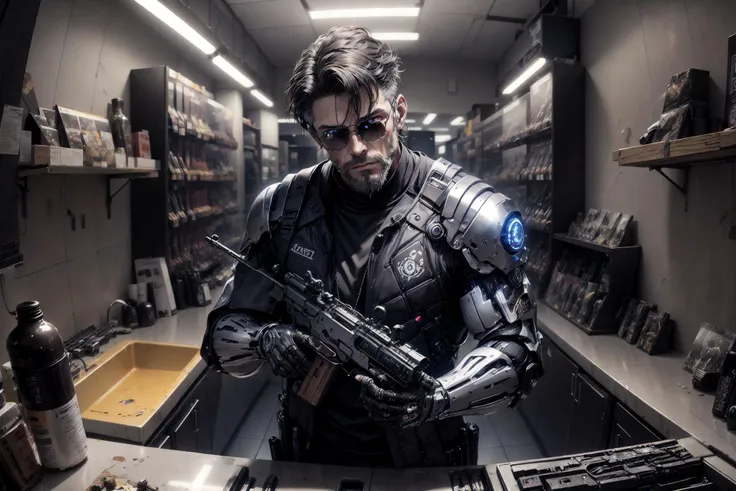 (masterpiece, 4k ,ultra detailed:1.2),(anime:1),illustration,(photorealistic:1),
(solo,1men:1.4),(45yo,mature,beard,black hair,scar:1),(jacket,t-shirt,sunglasses:1.2),(muscular:1.4),
(pov,upperbody,fisheye:1.4),(cropped shoulder:1.6),
(indoor,gun shop,science_fiction,wall:1.2),(countertop,big selection of gun displayed behind men:1.6),
<lora:hipoly3DModelLora_v20:0.2>,
<lora:flat2:-0.75>,
<lora:Futuristicbot4:0.6>,(cyborg:1)