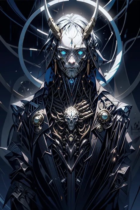 (masterpiece:1.1), (best quality:1.1), (intricate:1.1), (detailed:1.1), (ornate:1.1), (aesthetic:1.1), (vibrant colors:1.2),BREAK,
(science fiction:1.1), (biopunk:1.1), (horror:1.1), (dark:1.1), (blue theme:1.1), (glowing:1.1), (reflections:1.0), (metallic:1.0), BREAK,
(portrait:1.0), (solo:1.1), (upper body:1.0), (1boy:1.0), (cyborg:1.1), (skull face:1.1), (bald:1.0), (horns:1.1), (mechanical limbs:1.1), (wide shoulders:1.0), (strong:1.0), <lora:Futuristicbot4:0.8>
