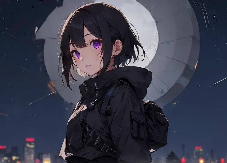 1girl, solo,,sharp focus ,mature woman, detailed background, winter,  night time,  starry sky, galaxy, (masterpiece),8k, hires, mature woman , black hair, short hair,  depth of field, RTX, bokeh,detailed skin, light particles, highres, high waisted pants, high waist, skinny waist, small waist, facing viewer, 1girl, future, black clothing, outfit, dark purple eyes, windbreaker,   tech clothing, futuristic clothing, utility, big hips, ,tactical vest, tactical, straps, <lora:Futuristicbot4:0.4> <lora:add_details:1>   <lora:urbansamuraiv3testing:0.3>