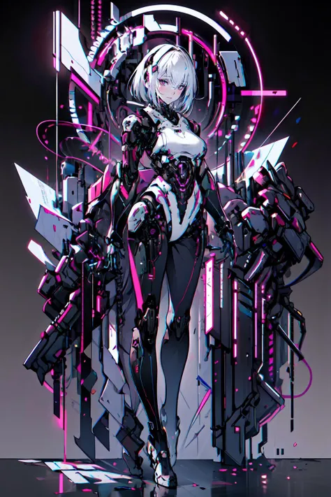 best quality, masterpiece, illustration, masterpiece, realistic, photorealistic, 1girl, solo, full body, skinny, medium breasts, long legs, short hair, (Blank background:1.3), grey background, Mechanical body, cyborg, <lora:dragon ear_20230623155318:0.6>, <lora:Futuristicbotv.2:0.7> <lora:Neno:0.7> neon_lights