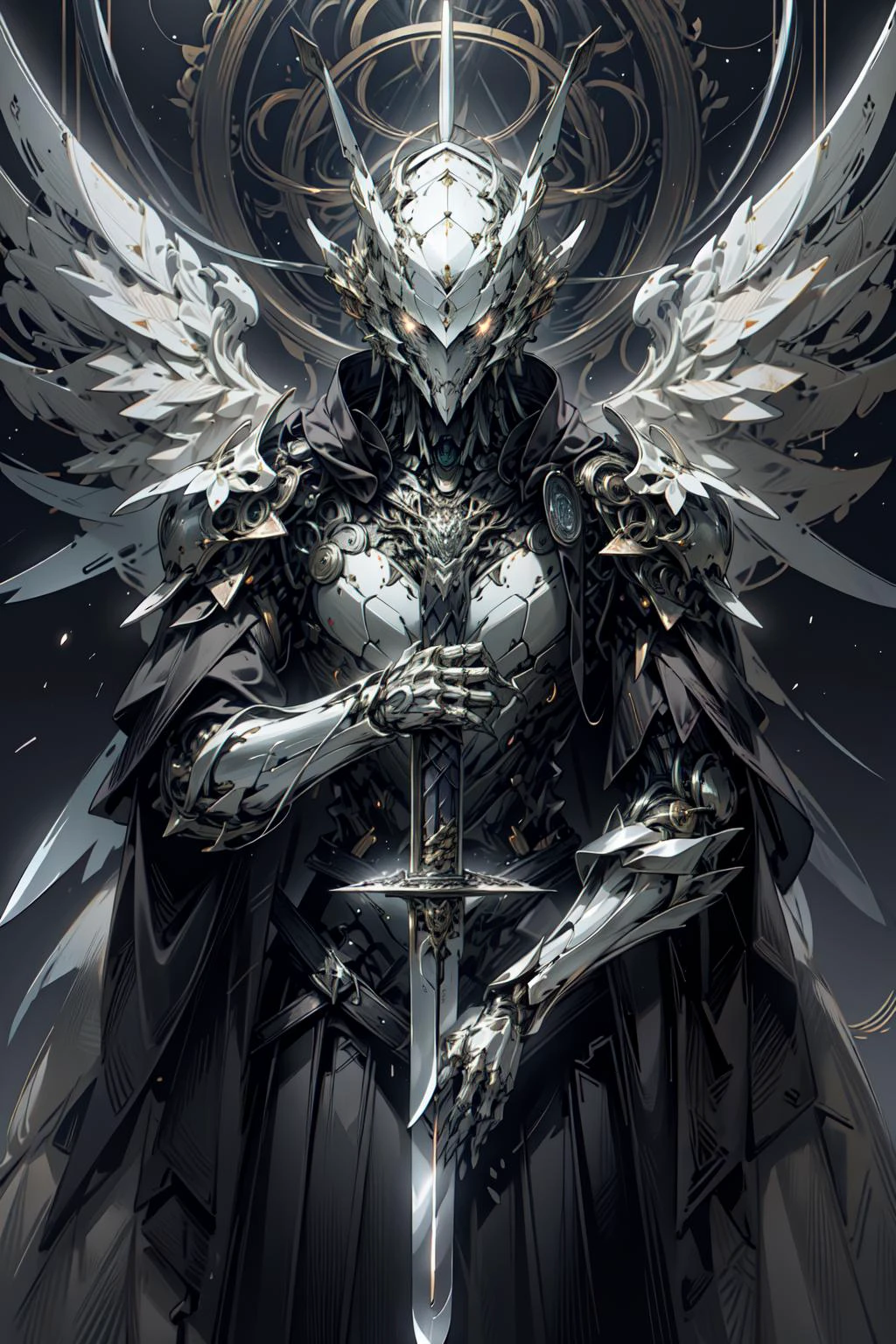 (masterpiece, best quality:1.3),extremely high detailed, intricate, 8k, HDR, wallpaper, cinematic lighting, <lora:Mecha:1> ,(universe),(holding sword:1.3), glowing, armor, glowing eyes, mecha, large wings, <lora:Futuristicbot4:0.6>