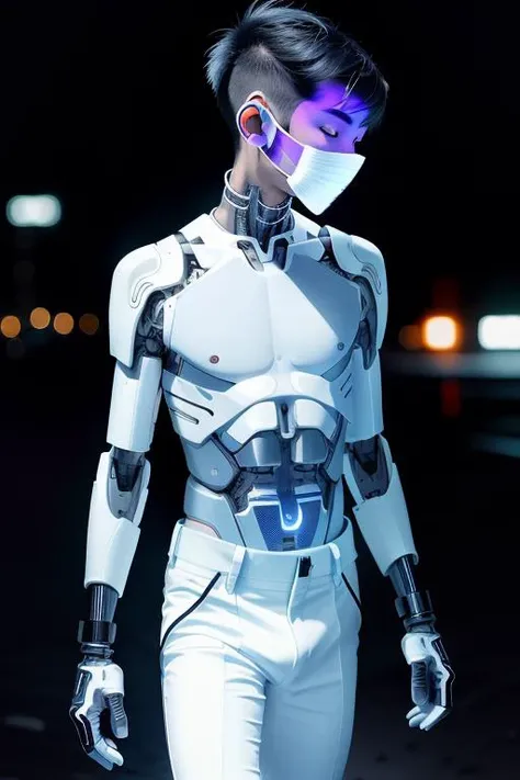 ((wide angle)) RAW photo of a skinny Asian ((boy)), futobot, mouth mask, (cyborg), flat chested, (white shimmer hair, white eyebrow), glowing hair, (iridescent white hair), earrings, bangs, mask, walking in public, ((night time)), bokeh, neon light, ((iridescent eyes)), looking at the viewer, 1boy <lora:Futuristicbot4:0.7>, crop top, profile