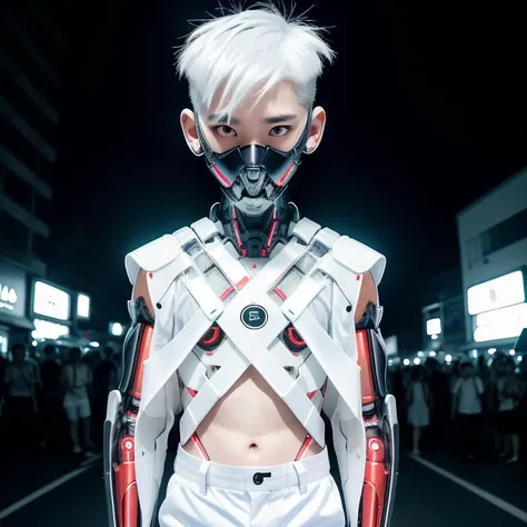 ((wide angle)) RAW photo of a skinny Asian ((boy)), futobot, mouth mask, (cyborg), flat chested, white shimmer hair, white eyebrow, glowing hair, (iridescent white hair), earrings, bangs, mask, walking in harajuku, ((night time)), bokeh, neon light, (((iridescent red eyes))), looking at the viewer, 1boy <lora:Futuristicbot4:0.7>, crop top