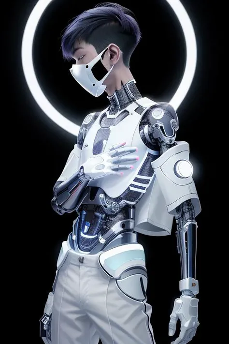 ((wide angle)) RAW photo of a skinny Asian ((boy)), futobot, mouth mask, (cyborg), flat chested, (white shimmer hair, white eyebrow), glowing hair, (iridescent white hair), earrings, bangs, mask, walking in public, ((night time)), bokeh, neon light, ((iridescent eyes)), looking at the viewer, 1boy <lora:Futuristicbot4:0.7>, crop top, profile