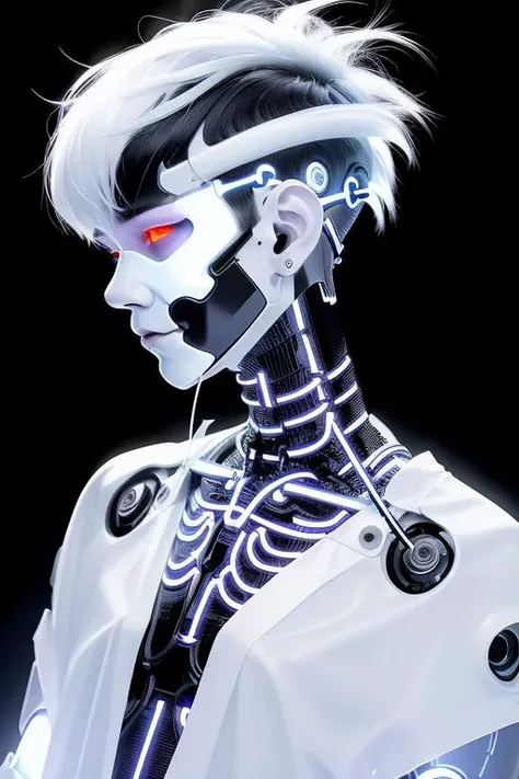 ((wide angle)) RAW photo of a skinny Asian ((boy)), futobot, mouth mask, (cyborg), flat chested, (white shimmer hair, white eyebrow), glowing hair, (iridescent white hair), earrings, bangs, mask, walking in public, ((night time)), bokeh, neon light, ((iridescent eyes)), looking at the viewer, 1boy <lora:Futuristicbot4:0.7>, crop top, profile