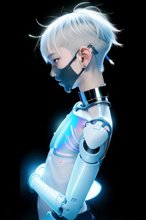 ((wide angle)) RAW photo of a skinny Asian ((boy)), futobot, mouth mask, (cyborg), flat chested, (white shimmer hair, white eyebrow), glowing hair, (iridescent white hair), earrings, bangs, mask, walking in public, ((night time)), bokeh, neon light, ((iridescent eyes)), looking at the viewer, 1boy <lora:Futuristicbot4:0.7>, crop top, profile