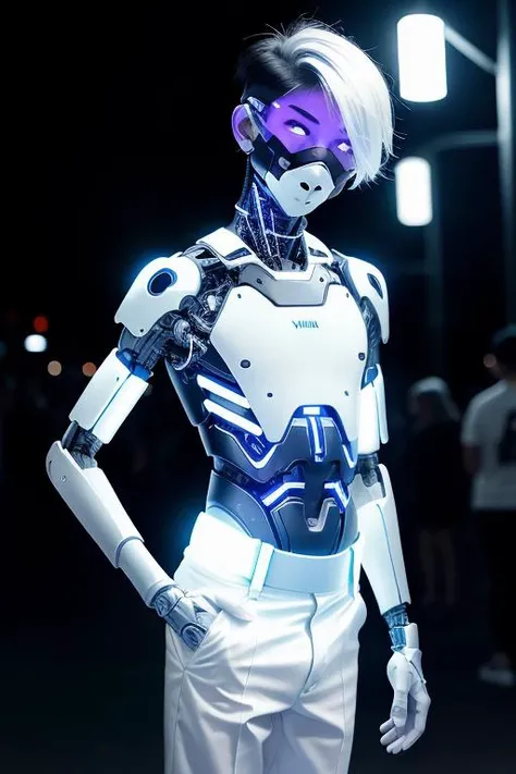 ((wide angle)) RAW photo of a skinny Asian ((boy)), futobot, mouth mask, (cyborg), flat chested, (white shimmer hair, white eyebrow), glowing hair, (iridescent white hair), earrings, bangs, mask, walking in public, ((night time)), bokeh, neon light, ((iridescent eyes)), looking at the viewer, 1boy <lora:Futuristicbot4:0.7>, crop top, profile