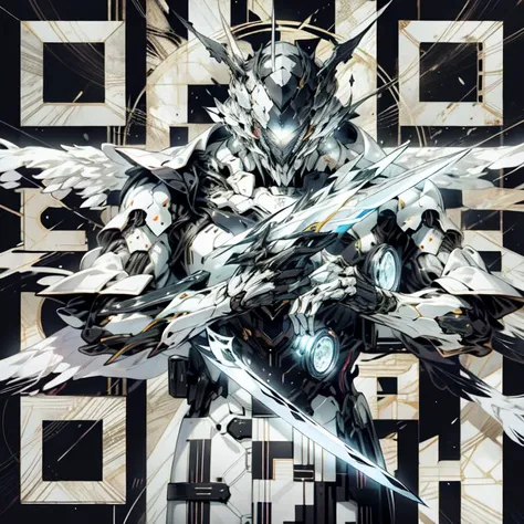 (masterpiece, best quality:1.3),extremely high detailed, intricate, 8k, HDR, wallpaper, cinematic lighting, <lora:Mecha:1> ,(universe),(holding sword:1.3), glowing, armor, glowing eyes, mecha, large wings, <lora:Futuristicbot4:0.6>