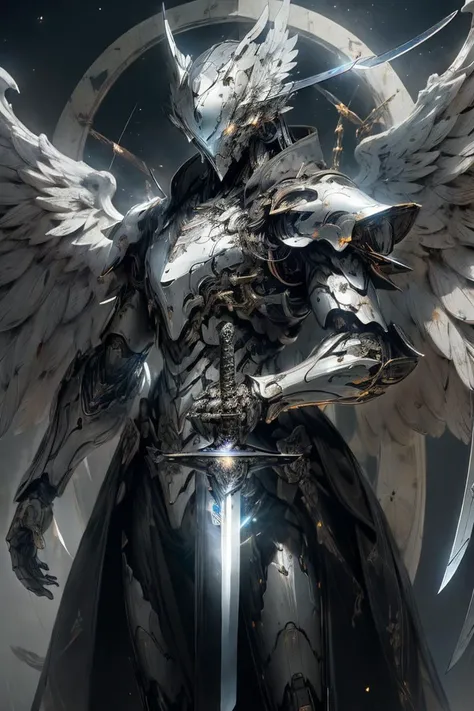 (masterpiece, best quality:1.3),extremely high detailed, intricate, 8k, HDR, wallpaper, cinematic lighting, <lora:Mecha:1> ,(universe),(holding sword:1.3), glowing, armor, glowing eyes, mecha, large wings, <lora:Futuristicbot4:0.6>