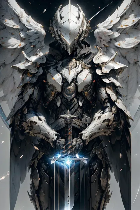 (masterpiece, best quality:1.3), extremely high detailed, intricate, 8k, HDR, wallpaper, cinematic lighting, <lora:Mecha:1>, (universe), (holding sword:1.3), glowing, armor, glowing eyes, mecha, large wings, <lora:Futuristicbot4:0.6>