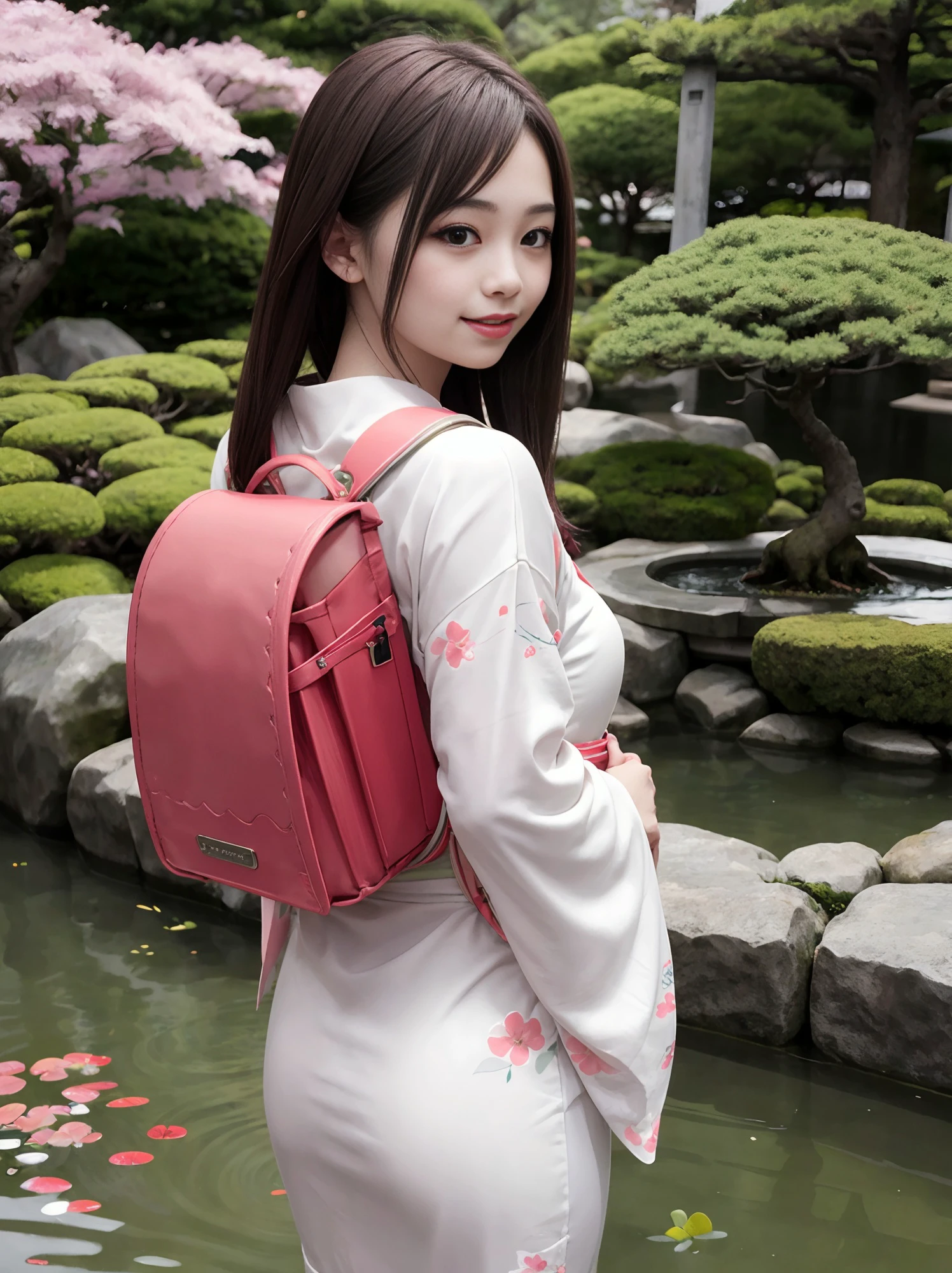 a woman with light smile is wearing randoseru backpack and formal Japanese Kimono dress in Traditional Japanese garden with pond and bonsai
<lora:randoseru_v1.2:1>