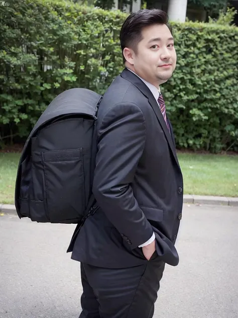 suit, 1boy, ugly fat man:1.2, <lora:fat_man_v5.4a:0.8> <lora:randoseru_v1.1:1.2> randoseru:1.5, school bag, salaryman, ass