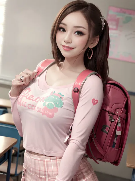 a plump MILF with (embarrassed:1.5) smile and smile line is wearing one wedding ring on left ring finger and earrings and randoseru backpack and girl's long sleeve printed logo clothes and skirt is standing in classroom
<lora:randoseru_v1.2:1>
<lora:real_model_suppin:-0.5>