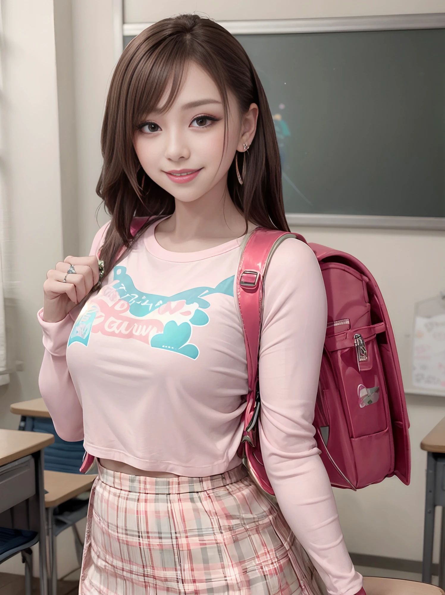 a plump MILF with (embarrassed:1.5) smile and smile line is wearing one wedding ring on left ring finger and earrings and randoseru backpack and girl's long sleeve printed logo clothes and skirt is standing in classroom
<lora:randoseru_v1.2:1>
<lora:real_model_suppin:-0.5>