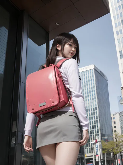 (8k),(masterpiece),(Japanese),(8-year-old girl),((Innocent look)),((Childish)),from the front,smile,cute,Innocent,Kind eyes,Plain T-shirt,Short sleeve,Blue checked short skirt,(Carrying a red backpack),Straight Hair,Hair blowing in the wind,Black Hair,Somewhat strong wind,noon,bright