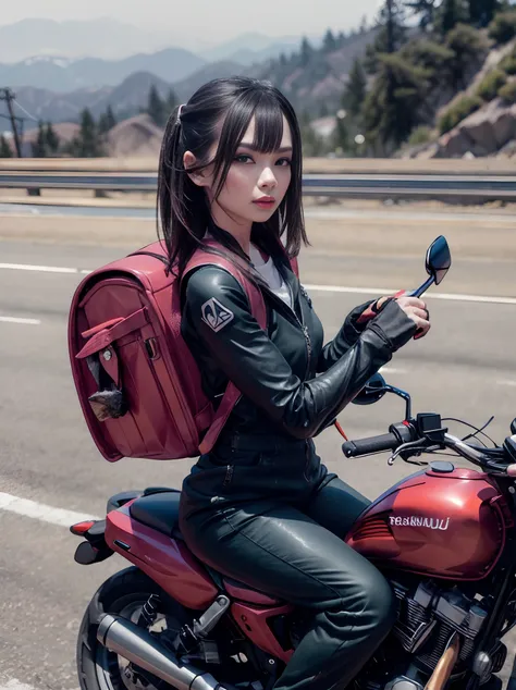 RAW photo, portrait, best quality, high res
a women is carrying randoseru backpack and wearing Jumpsuit is riding a motorcycle in American Westcoast highway
<lora:randoseru_v1.3:1>
<lora:real_model_suppin:-0.8>