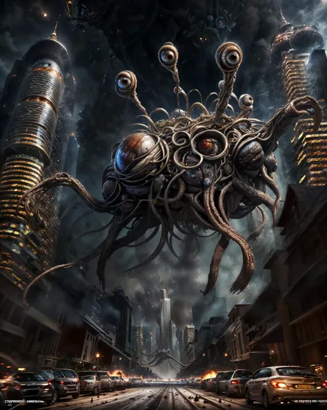best quality, masterpiece, highres, detailed, perfect anatomy, <lora:add_detail:1>, FSM, Flying spaghetti monster, city, skyscrapers, helicopter, tiny crown below, eyeball, true terror, horror, tentacles holding humans, explosions in background, <lora:FlyingSpaghettiMonster:0.85> <lora:wowifierV3:1> highly detailed, soft bokeh, art by mooncryptowow and popular science