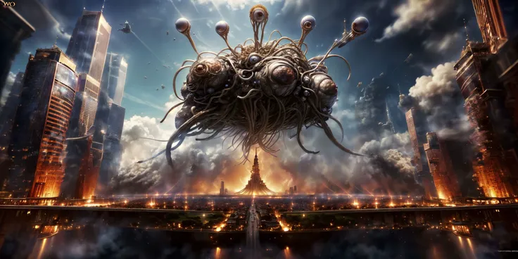 best quality, masterpiece, highres, detailed, perfect anatomy, <lora:add_detail:1>, FSM, Flying spaghetti monster, meatballs, spaghetti, city, cloud, skyscrapers, helicopter, tiny crown below, eyeball, true terror, horror, tentacles holding humans, explosions in background, <lora:FlyingSpaghettiMonster:0.85> <lora:wowifierV3:1> highly detailed, soft bokeh, art by mooncryptowow and popular science <lora:kun_20230630133051:0.5> ,kun,8k wallpaper,bright colors,Dramatic light,Thick acrylic illustration on pixiv,illustration,over,cover_page,ultra-detailed,(masterpiece:1.4),best quality,ultra high res,english_text,virtual_youtuber,detailed background,bokehchiaroscuro,wlop,Double exposure,line,badge,pattern,ultra realistic 8k
