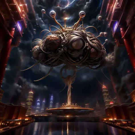 best quality, masterpiece, highres, detailed, perfect anatomy, <lora:add_detail:1>, FSM, Flying spaghetti monster, meatballs, spaghetti, city, night, skyscrapers, helicopter, tiny crown below, eyeball, true terror, horror, millions of tentacles holding humans, explosions in background, <lora:FlyingSpaghettiMonster:0.85> <lora:wowifierV3:1> highly detailed, soft bokeh, art by mooncryptowow and popular science <lora:kun_20230630133051:0.5> ,kun,8k wallpaper,bright colors,Dramatic light,Thick acrylic illustration on pixiv,illustration,over,cover_page,ultra-detailed,(masterpiece:1.4),best quality,ultra high res,english_text,virtual_youtuber,detailed background,bokehchiaroscuro,wlop,Double exposure,line,badge,pattern,ultra realistic 8k, cinematic lighting,cinematic bloom,Advanced sense