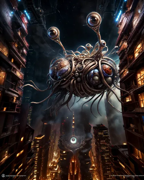 best quality, masterpiece, highres, detailed, perfect anatomy, <lora:add_detail:1>, FSM, Flying spaghetti monster, city, skyscrapers, helicopter, tiny crown below, eyeball, true terror, <lora:FlyingSpaghettiMonster:0.85> <lora:wowifierV3:1> highly detailed, soft bokeh, art by mooncryptowow and popular science