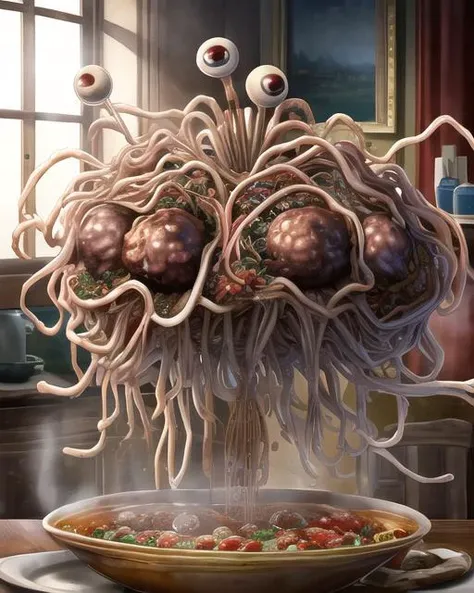 best quality, masterpiece, highres, detailed, perfect anatomy, <lora:Style - add_detail:0.2>, FSM, Flying spaghetti monster, meatballs, indoors, eyeball, true terror, <lora:FlyingSpaghettiMonster:1>