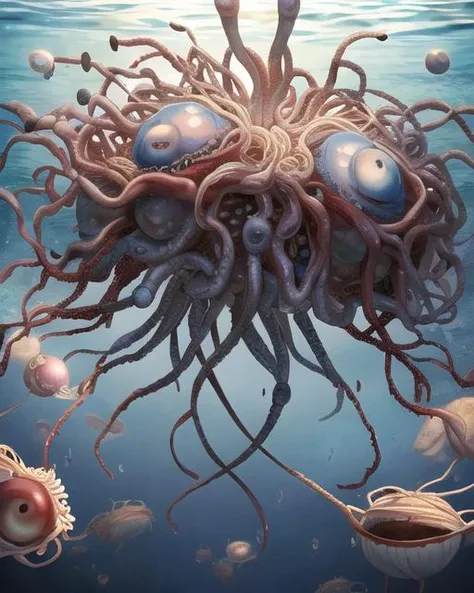 best quality, masterpiece, highres, detailed, perfect anatomy, <lora:Style - add_detail:0.2>, FSM, Flying spaghetti monster, underwater, eyeball, true terror, <lora:FlyingSpaghettiMonster:1>