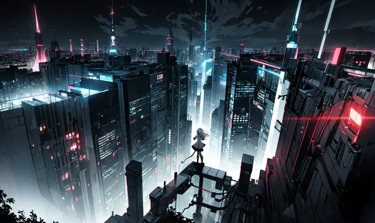 (masterpiece), ultra-detailed, (beautiful landscape of a neon city), (high contrast colors), glowing eyes, 1girl standing on a rooftop