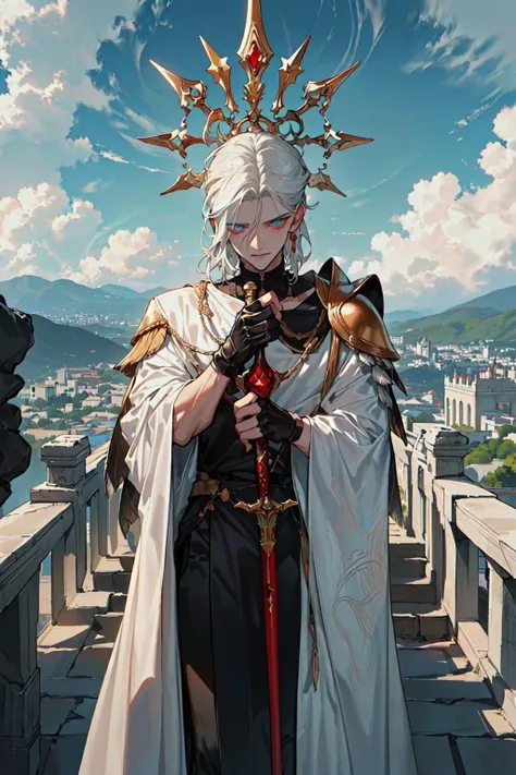 absurdres, (masterpiece:1.4), great composition, (portrait), 1man, solo, behind him stretches a majestic landscape filled with rolling hills, grand castles, and sprawling cities bustling with life. His kingdom extends far beyond the horizon, encompassing countless subjects who revere his rule. He stands tall and regal, clad in gleaming armor adorned with precious gems, his right hand wields a sword befitting his status, his left raised in blessing or command. His gaze sweeps over his domain, eyes burning with pride and love for his people, as he ensures their prosperity and safety. Around him, the sun sets behind the mountains, casting its warm hues upon the land he governs so ably