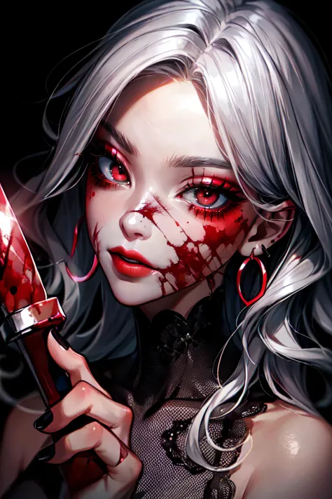 ((masterpiece)), (((best quality))), ((ultra detail)), 8k, (((high res))), ((illustration)), ((semi-realistic)), (reflections ), sharp focus, front lighting, intense shadows, ((beautiful detailed eyes)), eyelashes, (extremely delicate and beautiful girl), ((red eye color)), silver hair, (jacket), (pants), long hair , ((with mechanical detailed scythe in hand)), ((detailed eyes)), (cool), medium chest, shiny skin, cinematic lighting mask, ray tracing, depth of field, dynamic angle, looking at the viewer, ((epic background )), (blood on the face 1.2), (difficulty 1.4) ((macro, shooting, detail, face, eyes, nose, lips, eyebrows,)), ((extremely detailed and realistic skin texture)), ((extremely detailed and realistic eye texture)),