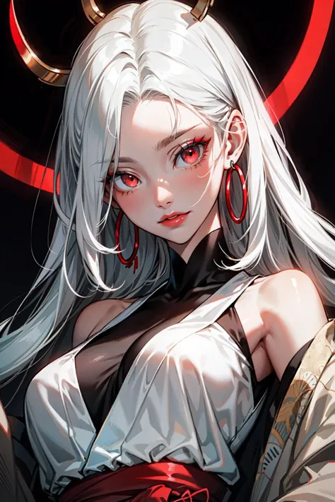 (masterpiece, best quality), 1milf, solo, eyeline, red lips, big hoop earrings, long neils, white hair, forehead, (red eyes, eye glow:1.2), face close, yukata, black background, perfecteyes eyes, (expressionless), from below, makeup