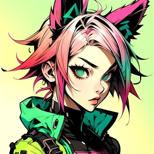 1girl, animal_ears, gradient, gradient_background, green_background, looking_at_viewer, pink_hair, solo by JM