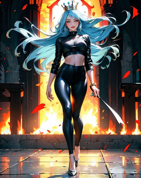 (full body:1.4) shot photo of one (queen:1.3) ,(look at viewer),front view, smile,
(strong wind:1.3), in wild disorder (fire:1.4),
LightSkyBlue-color hair,
(walking:1.4),
fat,
breast, waist, pelvic, thigh,calf,
jellyfish-color (cropped top, transparency leggings),
highheels,
medieval church,
(realistic skin_details, sharp focus, masterpiece, best quality,finely detailed,extremely detailed, realistic detail, realistic, high_resolution)