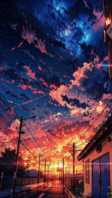 <lora:sunAndShadow_v10:0.8> cloud, colorful, starry, stars, ((masterpiece)), ((ultra-detailed)), pixiv, best shadows, best lighting, best quality, cinematic shot, rim lightning, no humans, sky, scenery, power lines, crescent moon, outdoors, moon, cloud, utility pole, building, star \(sky\), night, signature, starry sky, night sky, sunset, cloudy sky, evening
