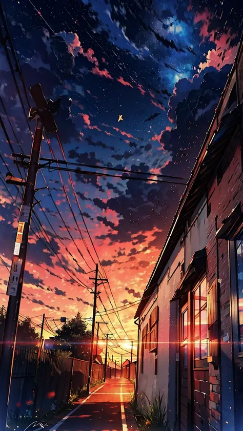 <lora:sunAndShadow_v10:0.8> cloud, colorful, starry, stars, ((masterpiece)), ((ultra-detailed)), pixiv, best shadows, best lighting, best quality, cinematic shot, rim lightning, no humans, sky, scenery, power lines, crescent moon, outdoors, moon, cloud, utility pole, building, star \(sky\), night, signature, starry sky, night sky, sunset, cloudy sky, evening