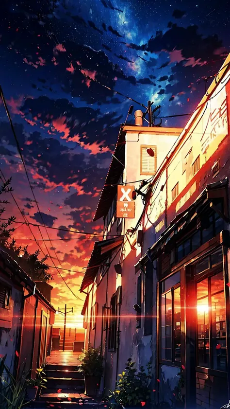 <lora:sunAndShadow_v10:0.8> cloud, colorful, starry, stars, ((masterpiece)), ((ultra-detailed)), pixiv, best shadows, best lighting, best quality, cinematic shot, rim lightning, no humans, sky, scenery, power lines, crescent moon, outdoors, moon, cloud, utility pole, building, star \(sky\), night, signature, starry sky, night sky, sunset, cloudy sky, evening