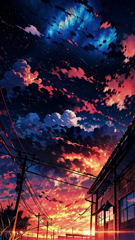<lora:sunAndShadow_v10:0.8> cloud, colorful, starry, stars, ((masterpiece)), ((ultra-detailed)), pixiv, best shadows, best lighting, best quality, cinematic shot, rim lightning, no humans, sky, scenery, power lines, crescent moon, outdoors, moon, cloud, utility pole, building, star \(sky\), night, signature, starry sky, night sky, sunset, cloudy sky, evening