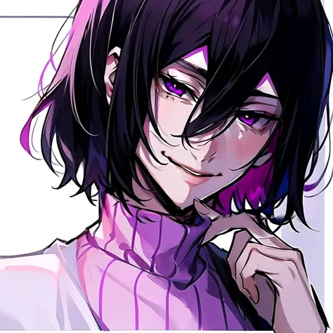 fyodor, 1boy, solo, ribbed sweater, black hair, magenta eyes, smile, head tilt, upper body, <lora:Fyodor_v9:0.85>