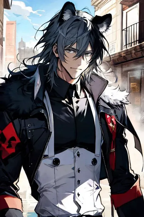 masterpiece, best quality, realistic, 1man, mature male, skinny muscular body, wide chest, broad shoulders, handsome, silver hair, angular jaw, extremely detailed eyes, relaxed lips, big arms, perfect face, black_sleeveless_shirt, long_sleeves, open chest, revealing clothes, Sunlight, Swirling wind, wavy long hair, Octane render, God_rays, <lora:betterLight_v10:1>, novel illustration of, black Leopard furry, fur