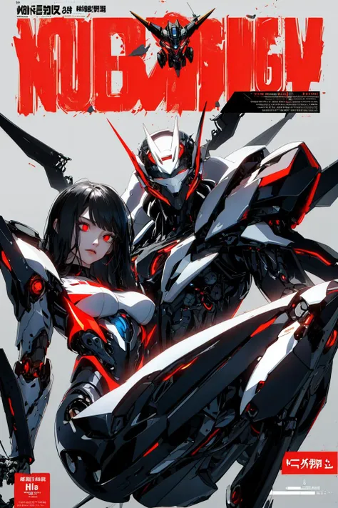 (magazine cover:1.3),ulzzang-6500, (realistic: 1.3) (original: 1.2), masterpiece, best quality, beautiful clean face, fullbody, ((robot girl, mecha)), robot, red eyes, concept art, inspired by Marek Okon, digital art, Crysis Nanosuit, futuristic, (glowing elements:1.1), 4:3 aspect ratio, dynamic duo
