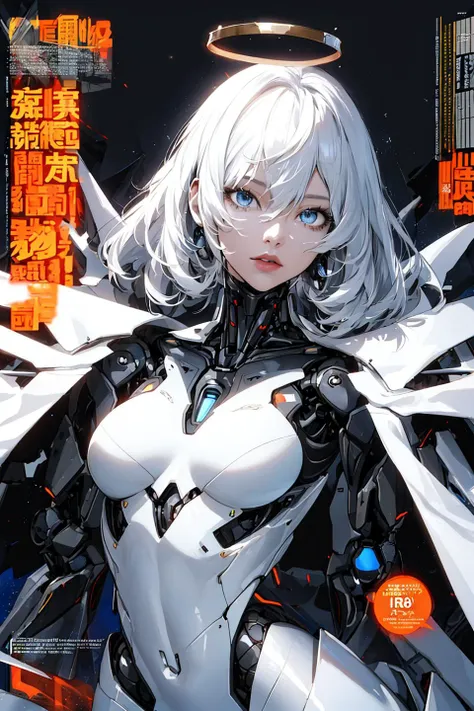 (magazine cover:1.3),ulzzang-6500, (realistic: 1.3) (original: 1.2), masterpiece, best quality, beautiful clean face, fullbody, ((robot girl, mecha)), broken armor, mechanical halo, mechanical arms, white hair, long hair, ceramic body, thigh gap, small breast, cyber background, extreme detailed city, (translucent body, reflection skin), 8k, best quality, ultra detailed, (hyperrealistic:1.4), <lora:glassSculptures_v20CompletelyRedone:0.9>,
