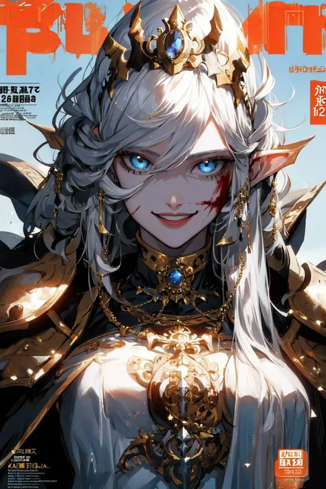 (magazine cover:1.3), (original: 1.2), masterpiece, best quality, beautiful clean face, (full body:1.1),a girl elf in black and gold intricate (heavy armor, transparent coat, hair accessories:1.2)blue growing eye, very long hair(white :1.2), (smile:1.2),fighting, blood splatters in a (sunlight:1.3), very detailed skin,samurai, (Liv Tyler:0.9),(Halle Berry:0.5),very detailed eyes, gorgeous queen, royal, divine, goddess, godlike, fantasy, dreamlike