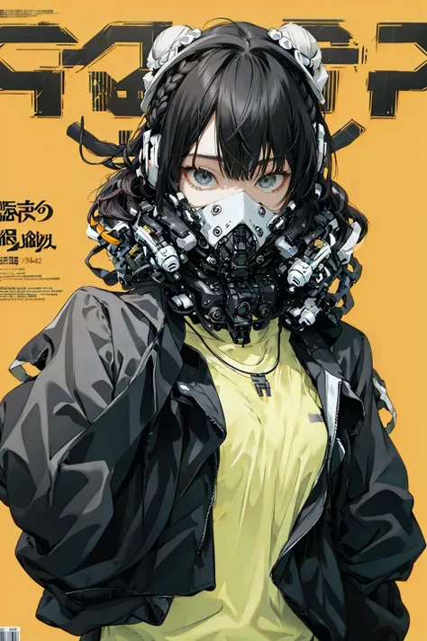 (magazine cover:1.3),ulzzang-6500, (realistic: 1.3) (original: 1.2), masterpiece, best quality, beautiful clean face, fullbody, 1woman, (wearing black and white and cobalt scifi techmask and headphones with complex electronics), wearing black techwear jacket and orange trousers with buckle and tape, (crystal necklace), posing for a picture, (white braided bun hair),  <lora:urbansamuraiv3testing:0.5> <lora:techpunkMaskWearable_v05:0.8>