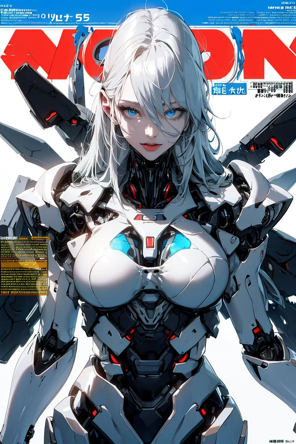 (magazine cover:1.3),ulzzang-6500, (realistic: 1.3) (original: 1.2), masterpiece, best quality, beautiful clean face, fullbody,  ((robot girl, mecha)), broken armor, mechanical halo, mechanical arms, white hair, long hair, ceramic body, thigh gap, small breast, cyber background, extreme detailed city, (translucent body, reflection skin), 8k, best quality, ultra detailed, (hyperrealistic:1.4), <lora:glassSculptures_v20CompletelyRedone:0.9>,