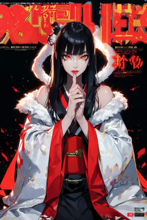 (magazine cover:1.3), (original: 1.2), masterpiece, best quality, beautiful clean face, (full body:1.1), 3d face, glowing eyes, shiny hair, lustrous skin, solo, looking at viewer, upper body, kimono