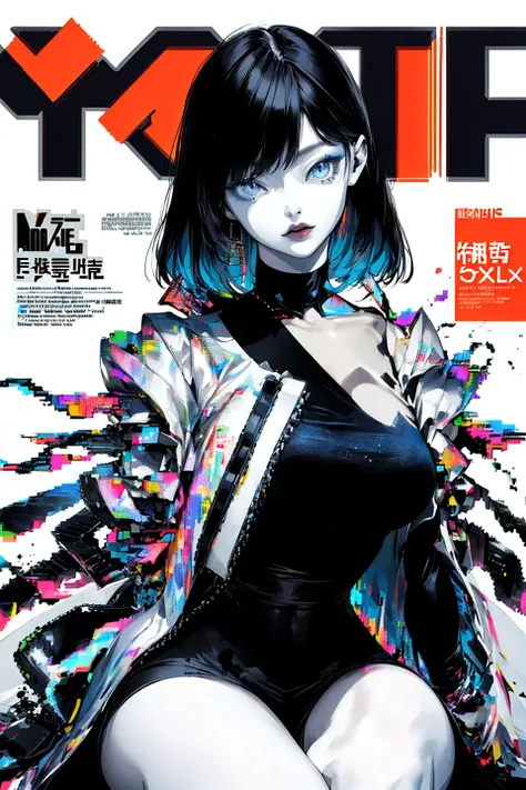 (magazine cover:1.3),ulzzang-6500, (realistic: 1.3) (original: 1.2), masterpiece, best quality, beautiful clean face, fullbody, 1girl, glitch art, (digital distortion), pixelated fragments, data corruption,colorful noise, visual chaos,contemporary aesthetics