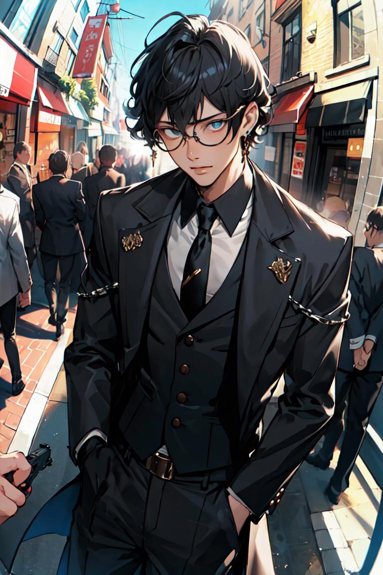 Anime guy in a suit and tie standing on a city street - SeaArt AI