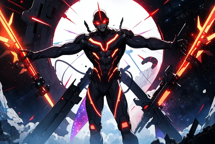 masterpiece, best quality, man:1.5, male:1.5, evil:1.5, Villain:1.5, dark_hero, silver hair, skinny_muscular_body, tall_muscular_guy:1.8, future, sci-fi, sci-fi muscular suit, metal_tail, galaxy, Destroyed Space Station, look_at_viewer, wide_shot:1.5, feet_out_of_frame, glow_Purple_particle, red halo, red glow eyes, cinematic lighting, reflection light, ray tracing, glow_metal_particle, arms blade