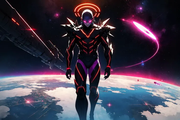 masterpiece, best quality, man:1.5, male:1.5, evil:1.5, Villain:1.5, dark_hero, silver hair, skinny_muscular_body, tall_muscular_guy:1.8, future, sci-fi, sci-fi muscular suit, metal_tail, galaxy, Destroyed Space Station, look_at_viewer, wide_shot:1.5, feet_out_of_frame, glow_Purple_particle, red halo, red glow eyes, cinematic lighting, reflection light, ray tracing, walking_at_viewer, glow_metal_particle, arms blade